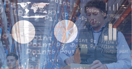 Poster - Image of data processing over diverse business people in warehouse