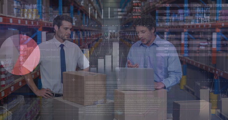 Poster - Image of data processing over caucasian workers in warehouse