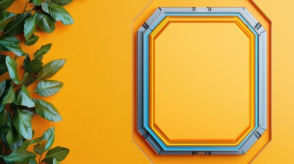 Poster - Technology concept. Colorful geometric frame on vibrant orange wall with greenery, showcasing creative design and modern aesthetics