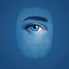 Poster - Technology concept. Abstract Eye Design with Blue Iris and Radiating Lines on Solid Blue Background