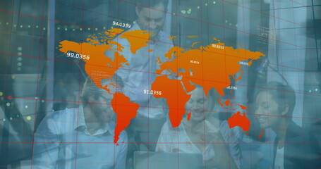 Poster - Image of world map and coordinates over people in office and timelapse with walking people