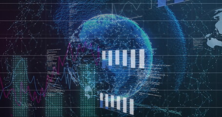 Poster - Image of data processing and globe over black background