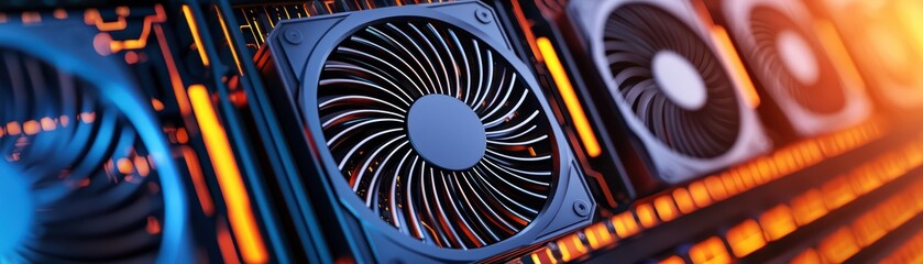Poster - close-up view of industrial cooling fans on a circuit board with colorful led lights illuminating th