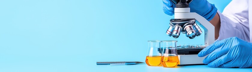 Poster - Microscope with Yellow Liquid Samples in Laboratory Setting on Blue Background for Scientific Research and Education