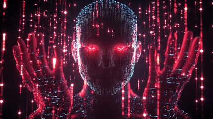 Poster - Digital Humanoid Abstract Red Neon Glowing Particles Futuristic Technology Artificial Intelligence Concept Design Modern Style Elegant Background  High Resolution Illustration AI  