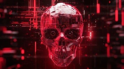 Poster - Cyberpunk Style Digital Skull Red Glowing Circuitry Futuristic Technology Artificial Intelligence Abstract Background Graphic Design Element Digital Art High Resolution Image      