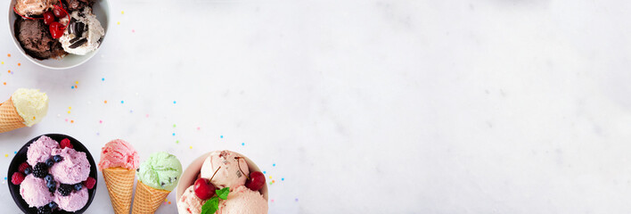Aufkleber - Summer ice cream corner border. Bowls and cones of colorful assorted flavors. Top view on a white marble banner background. Copy space.