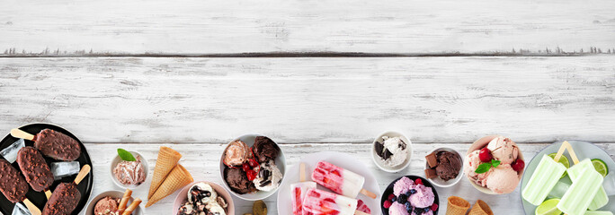 Aufkleber - Cool summer food bottom border. Assortment of ice cream bowls, popsicles and frozen treats. Top down view on a white wood banner background. Copy space.
