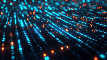 Poster - Abstract Digital Data Stream Futuristic Technology Background Blue Orange Neon Glowing Lines Circuit Board Pattern Modern Design High Tech Innovation Digital Network Binary Code   