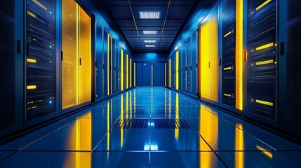 Poster - Modern Data Center Server Room Interior Design Bright Yellow Blue Illuminated Technology Network Infrastructure Powerful Servers Digital Technology Futuristic Server Room Advanced 