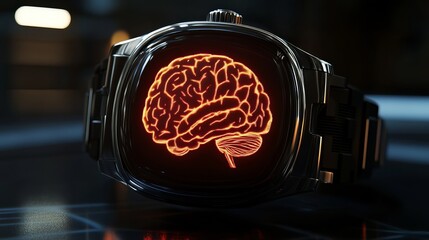 Poster - futuristic smartwatch displaying human brain anatomy detailed orange glowing neural network technolo