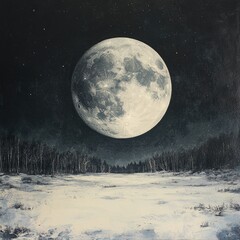 Wall Mural - Full moon over a snowy landscape