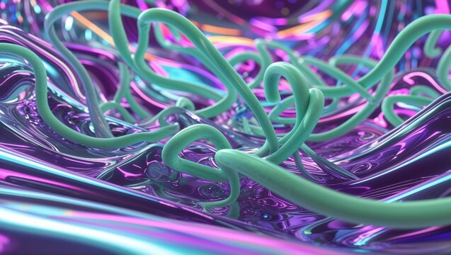 Abstract fluid mint and purple background with interlaced 3d distortion effect. Futuristic liquid design