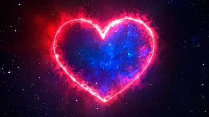 Wall Mural - glowing red heart outline shape with galaxy filling the space on a star field animation against a da