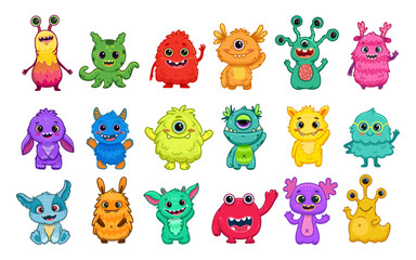 Wall Mural - Big set of cartoon monsters. Cute monsters. Kids funny character design for posters, cards., magazins. Vector illustration
