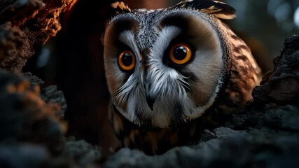 Close-up portrait of a beautiful owl with big orange eyes perched on a branch in a dark forest environment looking directly at the camera.