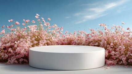 Poster - A smooth white podium is positioned in a tranquil outdoor setting, adorned with vibrant pink flowers that create a beautiful contrast against the blue sky