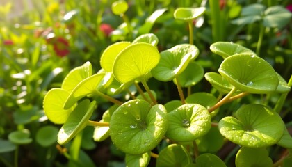 Poster - Dew Kissed Greenery. Fresh Round Leaves Glisten With Morning Dew, A Vibrant Display Of Beauty. Soft Sunlight Illuminates This Lush Garden Plant. A Perfect Botanical Scene.