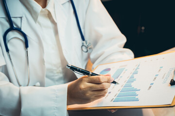 Poster - Medical concept. Medical Professional Analyzing Graphs and Data on Clipboard to Evaluate Patient Health Using Charts and Statistics