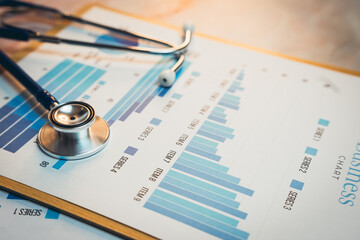 Poster - Health care concept. Medical Charts and Stethoscope on Business Reports for Healthcare Analysis and Financial Performance