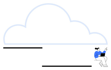 Poster - person sitting with a laptop next to a large cloud, emphasizing digital innovation. ideal for techno