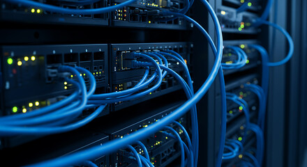 Aufkleber - Network Server Rack Hardware with Blue Cables and Blinking Lights Detail Photo for Data Center Connectivity Infrastructure