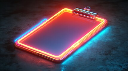 Poster - Neon Glowing Clipboard Mockup Red Orange Blue Light Dark Background Trendy Minimalist Design Digital Art Graphic Resource Technology Element Futuristic Style Modern Interface      