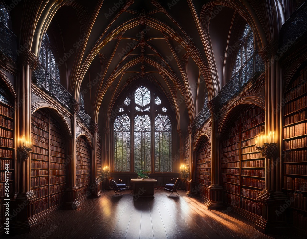 Dark academia library with gothic arches, candle-like lighting, and ...