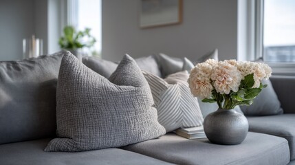 Poster - Plush cushions in various textures adorn a grey sofa, enhancing comfort in a stylish living room filled with natural light and a floral centerpiece