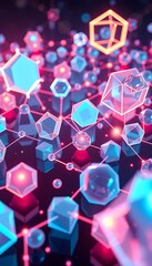 Poster - Futuristic Holographic Network. A Stunning 3d Rendering Of Interconnected Digital Shapes Glowing With Vibrant Neon Lights. Sharp Polygons And Smooth Spheres Create A Complex Abstract Design. Explore