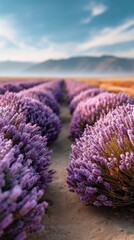 Poster - Vibrant lavender blooms stretch across the horizon, filling the air with fragrance. Mountains rise in the distance, creating a picturesque backdrop in golden sunlight