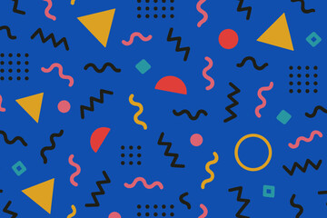 Poster - Colorful geometric patterns with abstract shapes on a blue background creating a vibrant design