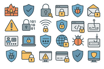 Poster - Various icons illustrating cybersecurity concepts including protection, threats, and secure communications