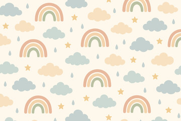 Poster - Colorful pattern of rainbows, clouds, and stars against a light background for cheerful decor