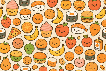 Poster - Cute cartoon food pattern featuring various smiling items in bright colors, perfect for design or decor