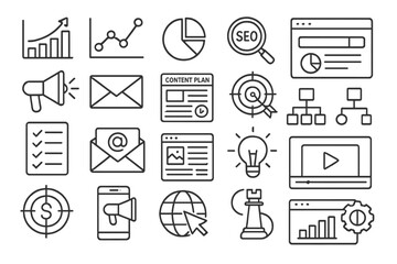 Poster - Marketing strategy elements featuring various digital marketing icons and symbols related to online business and SEO analysis