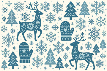 Poster - Winter themed design featuring deer, snowflakes, trees, and mittens in a festive arrangement