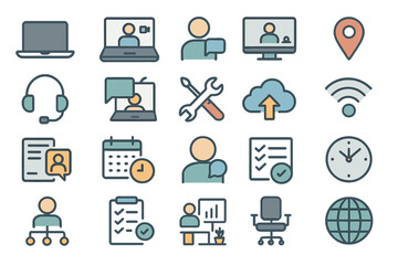 Poster - Creative workspace icons representing remote work, online meetings, and digital communication tools