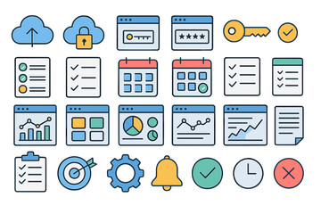 Poster - Digital icons representing cloud storage, data security, task management, and analytics for productivity applications