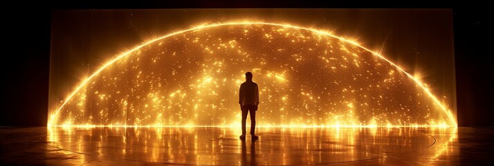Poster - A person stands in awe before a large radiant sun-like display that fills the dark space with bright light