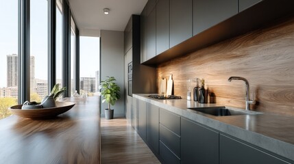 Poster - This contemporary kitchen showcases dark matte cabinetry paired with sleek countertops, offering ample storage and a stylish workspace