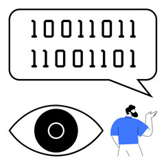 Poster - binary digits inside speech bubble, eye symbol, person gesturing. ideal for technology, data science