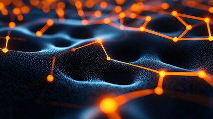 Poster - Abstract Digital Network Background Orange Glowing Lines Dark Blue Particles Futuristic Technology Modern Design Science Data Visualization Elegant Connectivity Illustration Wave  