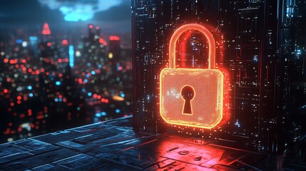 Poster - Cybersecurity Digital Lock Neon Glowing Padlock Red Cityscape Futuristic Technology Abstract Background Modern Data Protection Network Security Illuminated Digital Art Graphic     