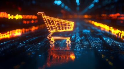Poster - neon shopping cart digital art abstract background futuristic e commerce online shopping technology 