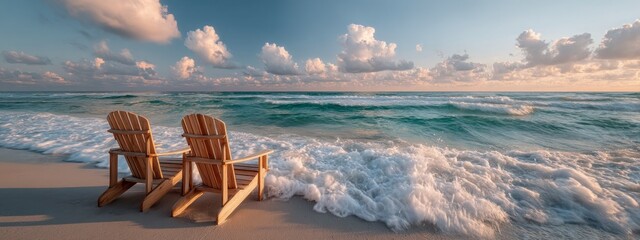 Poster - Golden hues wash over the tranquil beach as the sun sets, creating a peaceful atmosphere. Wooden chairs face the gentle waves, perfect for unwinding by the turquoise water