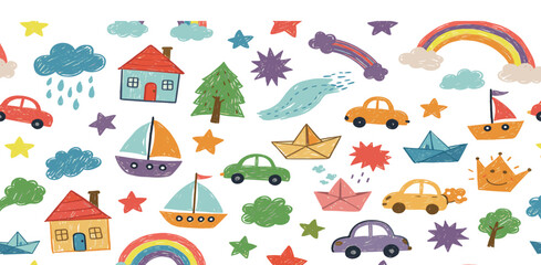  Kid car, boat and house crayon pattern. Boy toy vector. Crayon pastel children background.