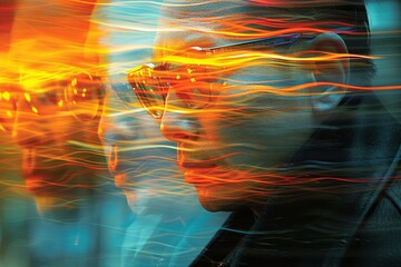 Poster - Captivating urban portrait with light trails at night showcasing a person in stylish sunglasses
