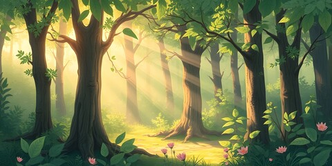 Aufkleber - Enchanted Forest Illustration, Peach Fuzz Light, Soft Glow Through Leaves. Dreamy Woodland Scene, Beautiful Nature Image, Calming And Peaceful Forest.