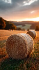 Poster - Soft sunlight illuminates a tranquil summer field filled with hay bales, highlighting the beauty of rural life during the evening hours as nature rests under a colorful sky